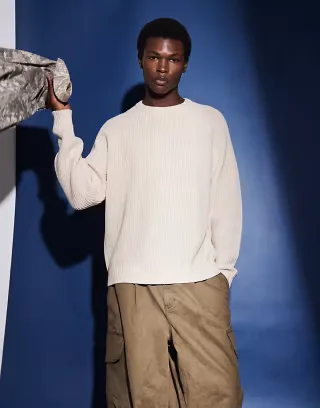 ASOS DESIGN oversized knitted fisherman rib sweater in ecru