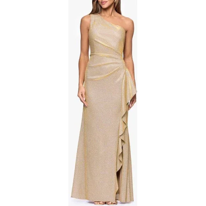 Xscape Women's One-Shoulder Glitter Long Dress