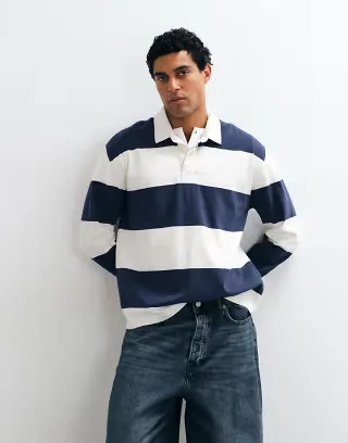 Abercrombie & Fitch long sleeve rugby polo in white and navy stripes