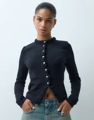 ASOS DESIGN long sleeve cardigan with frill detail in black