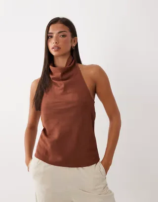 ASOS DESIGN linen blend drapey halter neck top in chocolate - part of a set