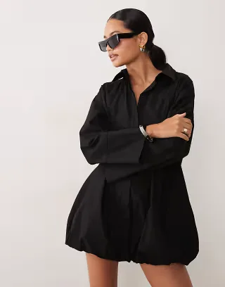 ASOS DESIGN wide cuff shirt mini dress with bubble hem in black