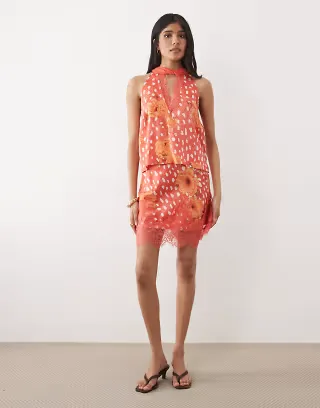 Never Fully Dressed v-neck halter neck top and lace detail mini skirt set in red print