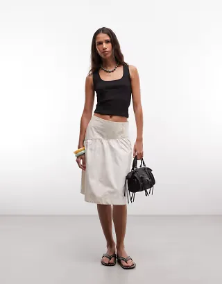 Reclaimed Vintage cotton poplin awkward length skirt in ivory