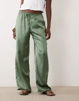 ASOS DESIGN satin wide leg pull on pants in khaki