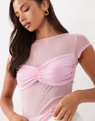 ASOS DESIGN sheer mesh ruched detail shirt in pink - part of a set