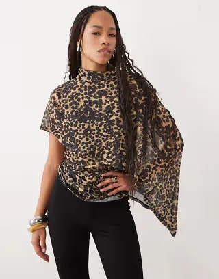 ASOS DESIGN sheer mesh asymmetric cape shoulder top in animal print