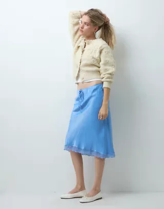 Reclaimed Vintage awkward length satin midi skirt with lace trim in blue