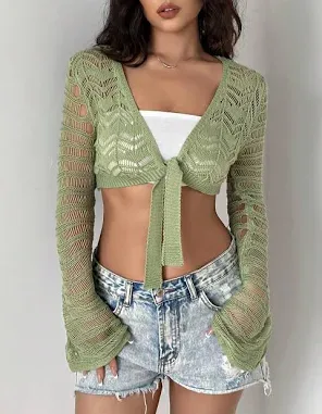 Women's Hollow Out Cropped Tie Front Cloth Cardigan