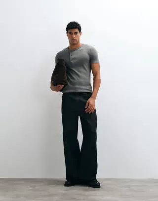 ASOS DESIGN muscle fit T-shirt with henley neck in dark gray rib