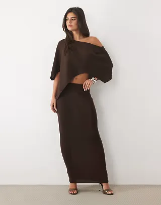 Missyempire ribbed knit asymmetric hem cape top and skirt set in chocolate