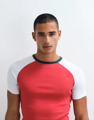 ASOS DESIGN muscle fit raglan t-shirt in red rib knit