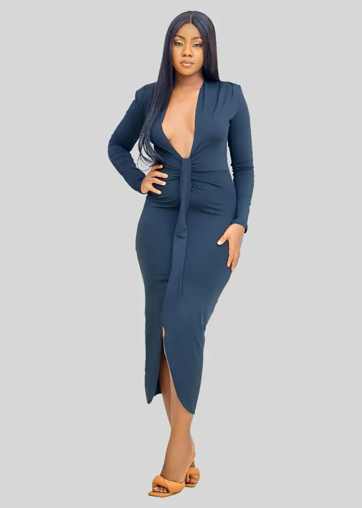 LONG SLEEVE FRONT DRAPE MAXI DRESS