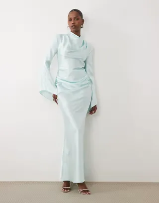 Daska satin ruched high cowl neck maxi dress in ice blue