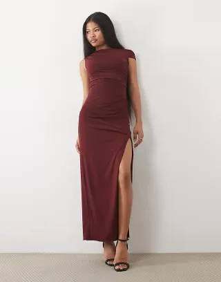 TFNC Petite hotfix fallen shoulder thigh high split maxi dress in burgundy