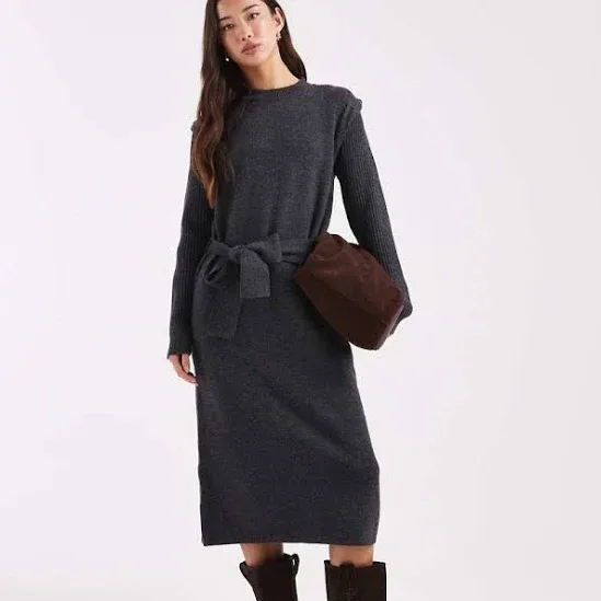 Object Knitted Belted Midi Dress With Folded Shoulder Detail