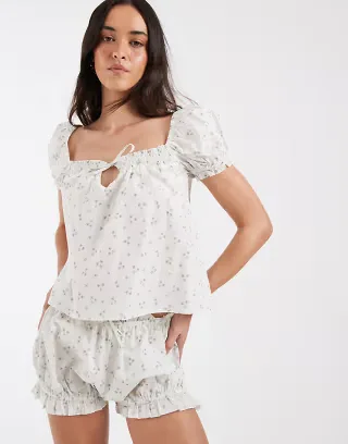 Daisy Street pajama babydoll smock top and bloomer shorts in ditsy floral
