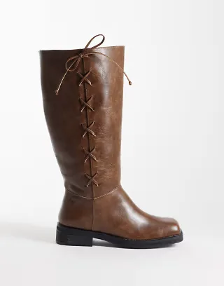 Public Desire Saffron square toe knee boots in tan brown