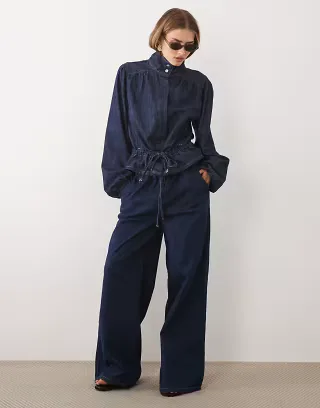 ASOS DESIGN denim paperbag waistband wide leg in mid blue