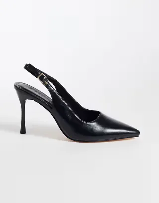 SEQWL slingback pointed stiletto heel shoes in black faux leather