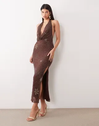 TFNC beaded sequin cowl neck midi dress in chocolate