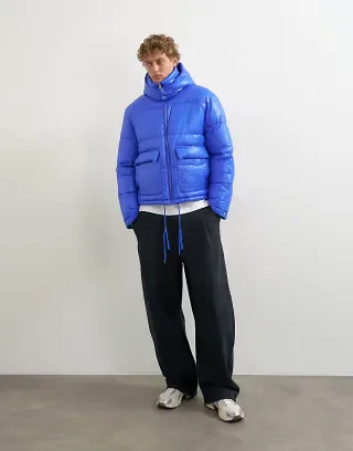 Topman textured puffer with detachable hood in cobalt blue