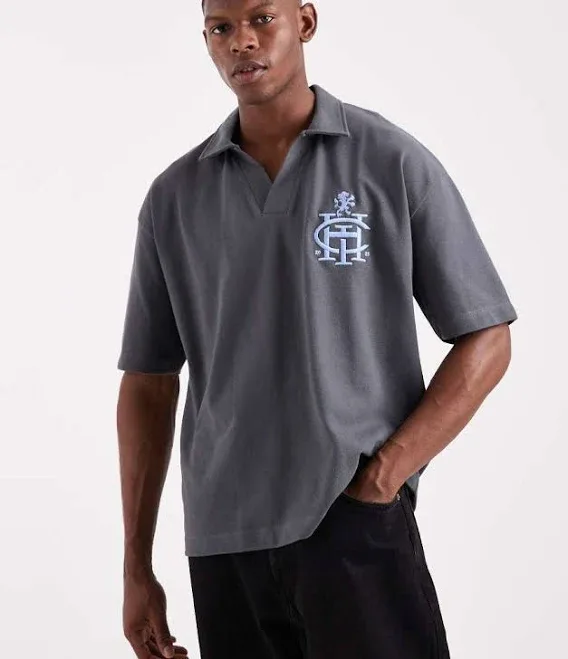 ASOS DESIGN heavyweight boxy oversized polo shirt with dropped shoulders and chest logo embroidery in charcoal pique-Gra