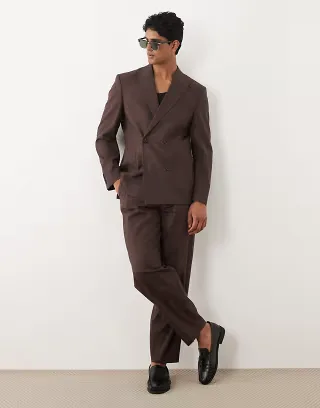 ASOS DESIGN 100% cotton linen look regular fit double breasted suit set in brown