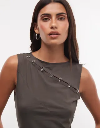 Weekday asymmetric eyelet detail tank top in dark khaki