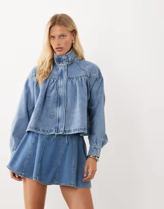 ASOS DESIGN denim funnel neck jacket with bubble hem detail in mid blue