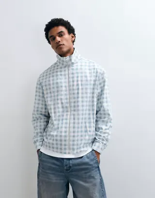ASOS DESIGN boxy oversized zip through funnel neck jacket in blue check