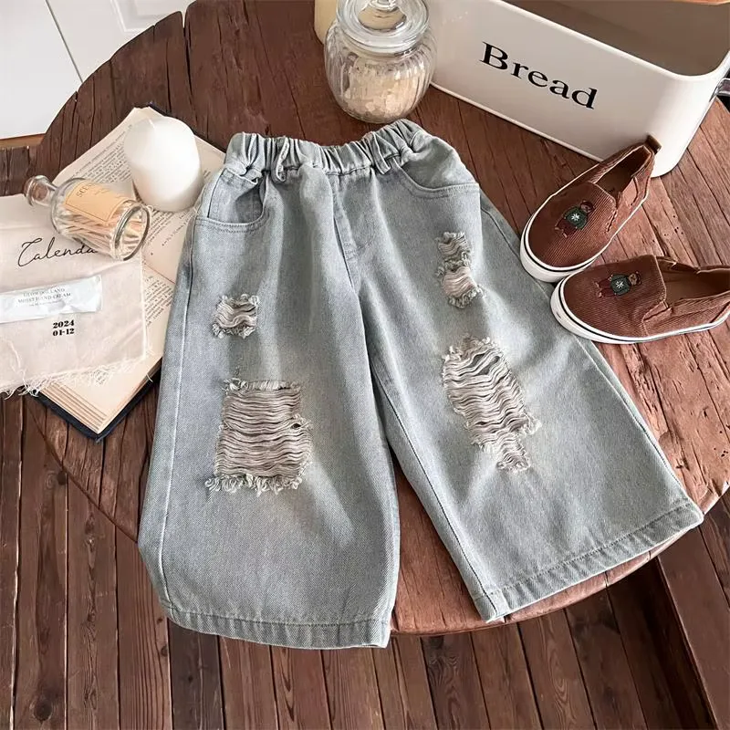 Spring and Autumn Children's Pants Personalized Ripped Jeans Loose Straight Leg Pants for Boys and Girls