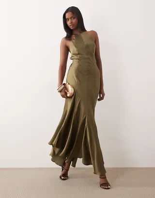 ASOS DESIGN seam detail open back strappy maxi dress in soft khaki