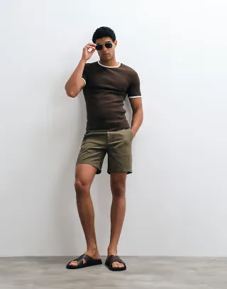 ASOS DESIGN slim fit chino shorts in mid length in khaki