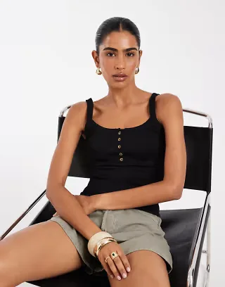 ASOS DESIGN seamless square neck cami with button detail in black
