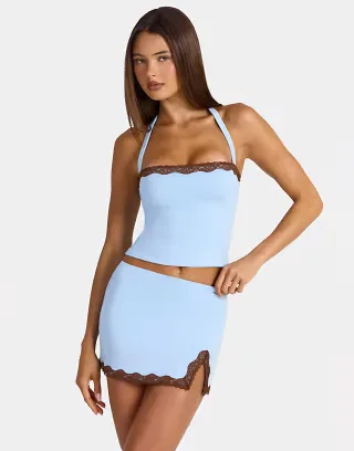 Oh Polly modal lace trim halter neck top in light blue - part of a set
