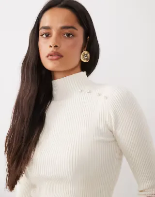 The Frolic exclusive rib knit pearl detail flare sleeve sweater in cream