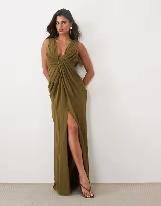 ASOS DESIGN premium plunge draped midaxi dress in olive green