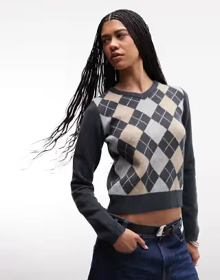 Daisy Street v-neck thin knit argyle top in gray