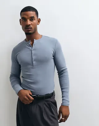 ASOS DESIGN muscle fit long sleeve henley t-shirt in blue rib