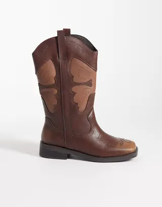 Glamorous square toe cowboy knee boots in brown