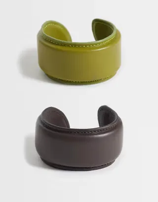 ASOS DESIGN 2-pack bangles with faux leather in multi