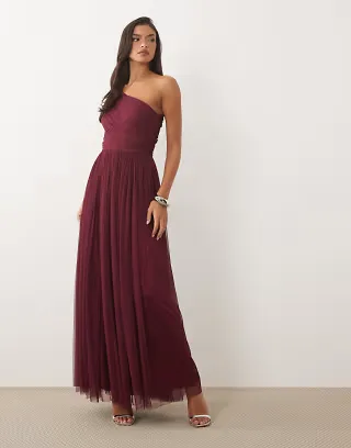 Lace & Beads Bridesmaid one shoulder scarf neck maxi dress in fig