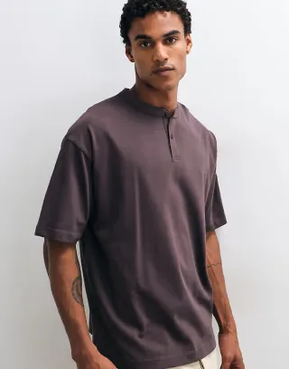 ASOS DESIGN heavyweight boxy oversized t-shirt with henley in brown