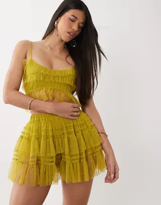 ASOS DESIGN textured mesh semi sheer ruffle mini skirt in lime