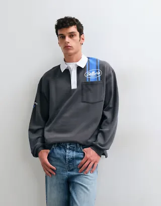 ASOS DESIGN oversized rugby polo sweatshirt with stripe in gray