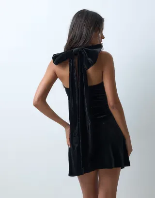 TFNC velvet halter neck bow detail mini dress in black