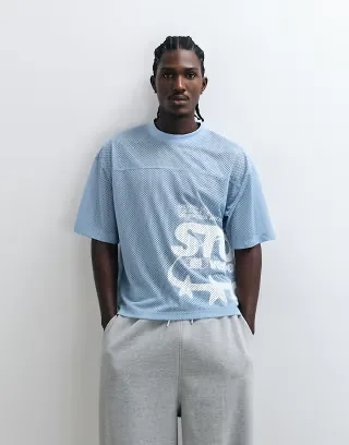 ASOS DESIGN boxy oversized T-shirt with large street graphic in blue airtex fabric