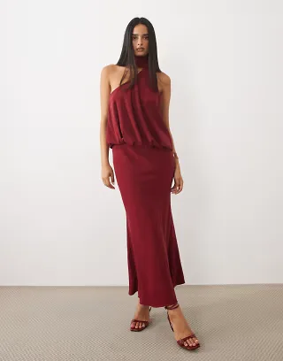 ASOS DESIGN one shoulder maxi dress with tie neck in burgundy