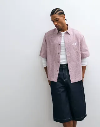 ASOS DESIGN boxy oversized plaid shirt with chest print in red